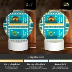 Round Acrylic Night Light, A Collection Of Six Different Colored Postage Stamps Featuring Beach And Tropical Themes. -Nuas Diy Shop 8b5a09735041ef8b84095d680378b7609d95d02c