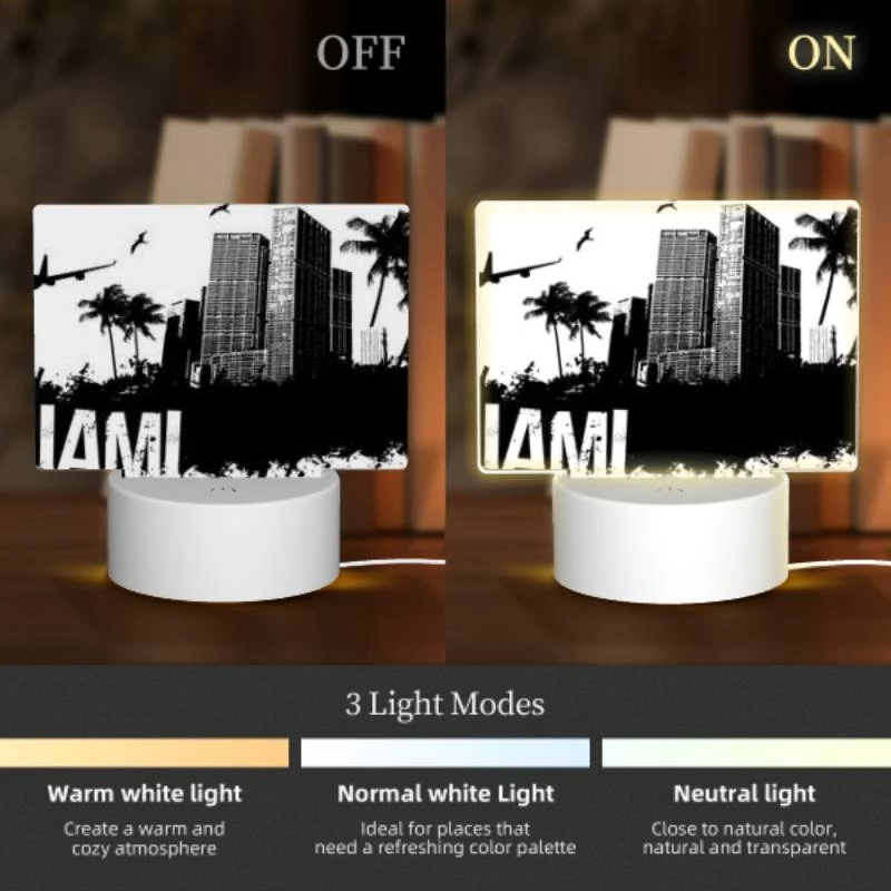 Rectangular Acrylic Night Light, A black and white photo of a city with the word "Miami" written in the foreground. Rectangular Acrylic Night Light, A Black And White Photo Of A City With The Word "Miami" Written In The Foreground. -Nuas Diy Shop 8ea98691d6136d51dedf197320104fbab9913fc8