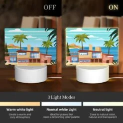 Rectangular Acrylic Night Light, A House Is Situated On A Beach With A Palm Tree In Front Of It. -Nuas Diy Shop 8f443e5c6228a144402636aa5e68ab3e6b475187