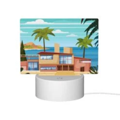 Rectangular Acrylic Night Light, A House Is Situated On A Beach With A Palm Tree In Front Of It. -Nuas Diy Shop 90bc48212ec86e7ff23904cac8c8c402311bbb2d