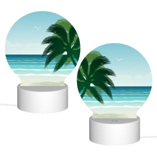 Round Acrylic Night Light, A Palm Tree Is On A Beach With A Blue Ocean In The Background. -Nuas Diy Shop 90caecb61564a4286244310bfda9c2038c8ca032