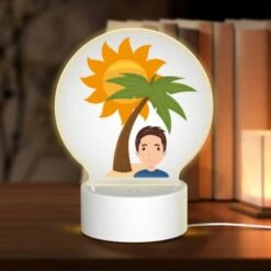 Round Acrylic Night Light, A Man Is Smiling Under A Palm Tree.