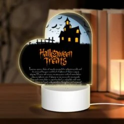 Love Acrylic Night Light, A Halloween Treat Poster With A Spooky House And Bats.