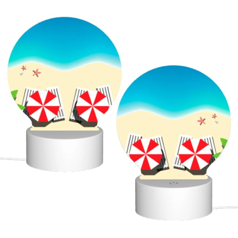 Round Acrylic Night Light, Two red and white striped umbrellas on a beach. Round Acrylic Night Light, Two Red And White Striped Umbrellas On A Beach. -Nuas Diy Shop 9474f74f4db68f6b8bf4c01ca10dc2f27b355f75