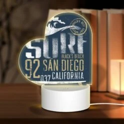 Love Acrylic Night Light, A Surfboard With The Words "92 San Diego" Written On It.