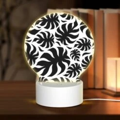 Round Acrylic Night Light, A Pattern Of Black And White Flowers.