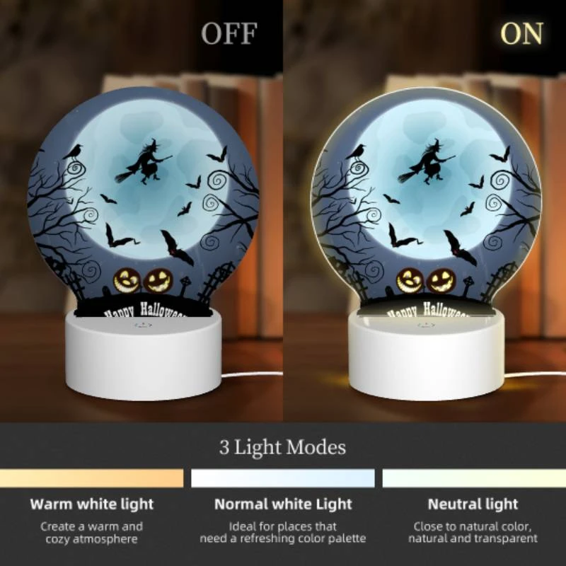 Round Acrylic Night Light, A witch flies over a moonlit night with a full moon and bats flying around. Round Acrylic Night Light, A Witch Flies Over A Moonlit Night With A Full Moon And Bats Flying Around. -Nuas Diy Shop 9a003d546b5f7e8f467dbe4df0bdc7a6913c1c43