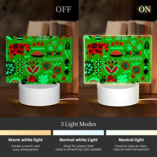 Rectangular Acrylic Night Light, A Green And Red Patterned Fabric With Various Plants And Animals On It. -Nuas Diy Shop 9a05525a0ac2ee96133f079a6c1345d3f7a02176