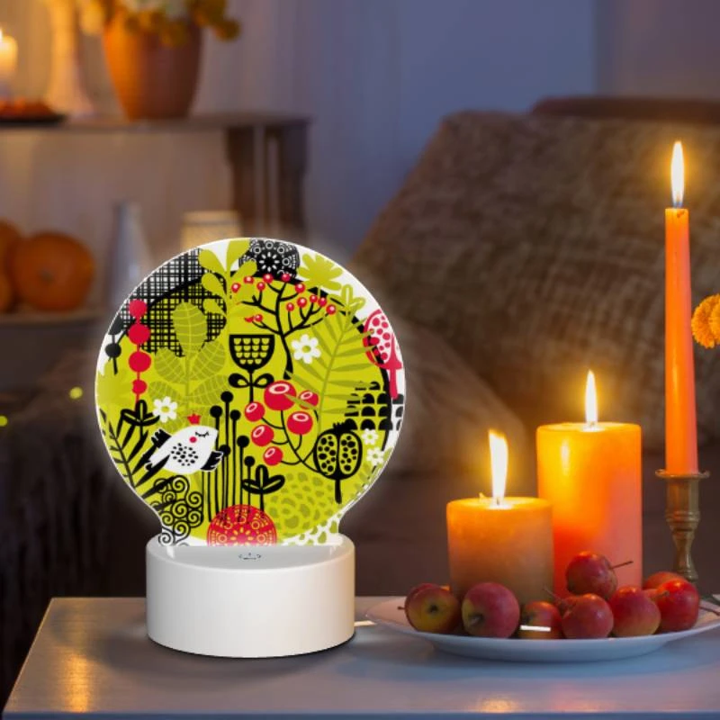 Round Acrylic Night Light, A colorful illustration of a bird surrounded by plants. Round Acrylic Night Light, A Colorful Illustration Of A Bird Surrounded By Plants. -Nuas Diy Shop 9a67fc2da7ecb1c515e87cb7aa198063a5d3e592
