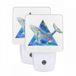 Night Light Set Of 2, A Blue And White Whale Is Shown In A Triangle Shape.