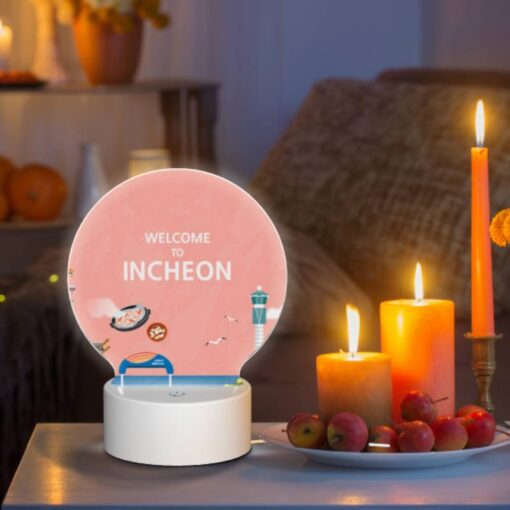 Round Acrylic Night Light, A Colorful Cartoon Of A Beach With A Ferris Wheel And A Sign That Says "Welcome To Incheon." -Nuas Diy Shop 9b433bbbe30425f0d4f24aada6971a1b9ef4dcda
