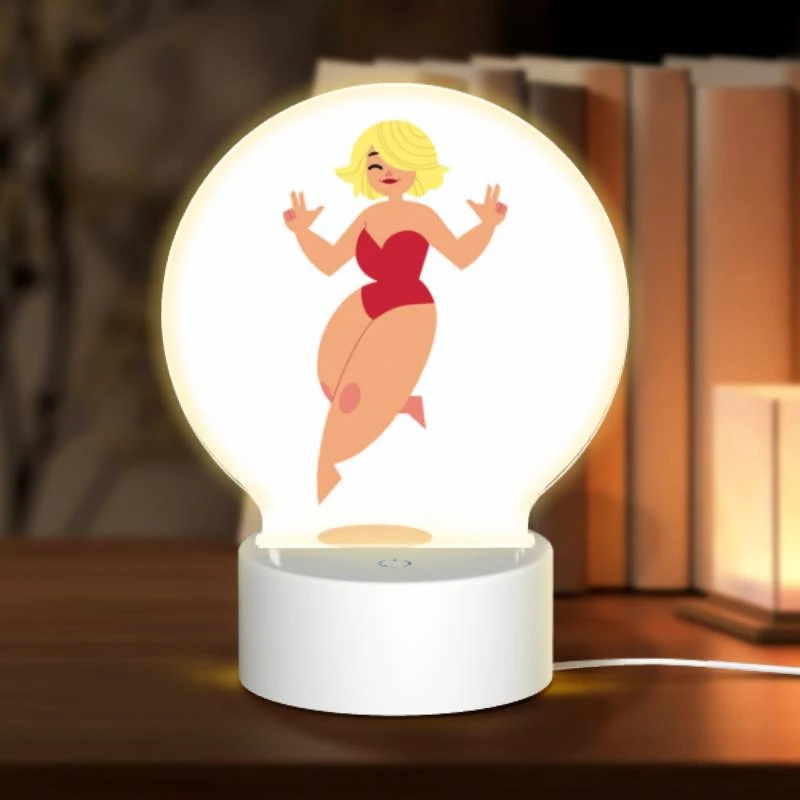 Round Acrylic Night Light, A cartoon woman wearing a red bikini and a red wig is jumping in the air. Round Acrylic Night Light, A Cartoon Woman Wearing A Red Bikini And A Red Wig Is Jumping In The Air. -Nuas Diy Shop 9b4382ed3507cdaa25ec498c36e86627ec89ebc7