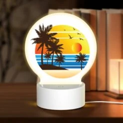 Round Acrylic Night Light, A Sunset With Palm Trees And Birds.