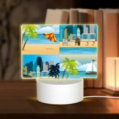 Rectangular Acrylic Night Light, A Cityscape With A Beach And Palm Trees.