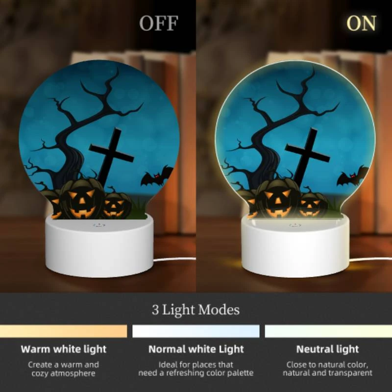 Round Acrylic Night Light, A Halloween scene with a cross and a bat flying over a tree with pumpkins. Round Acrylic Night Light, A Halloween Scene With A Cross And A Bat Flying Over A Tree With Pumpkins. -Nuas Diy Shop a023508300883b37be70bc76e1f30be355f766bb