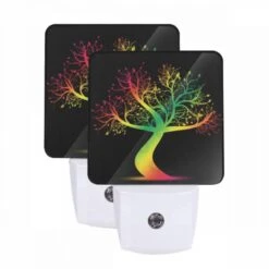 Night Light Set Of 2, A Colorful Tree With A Rainbow Colored Trunk.