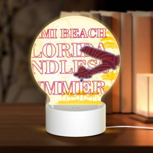 Round Acrylic Night Light, A Plane Is Flying Over A Beach With The Words "Miami Beach Florida" Written On It. -Nuas Diy Shop a099b1834f84e9cb13bcb22a1f844f28ce688608
