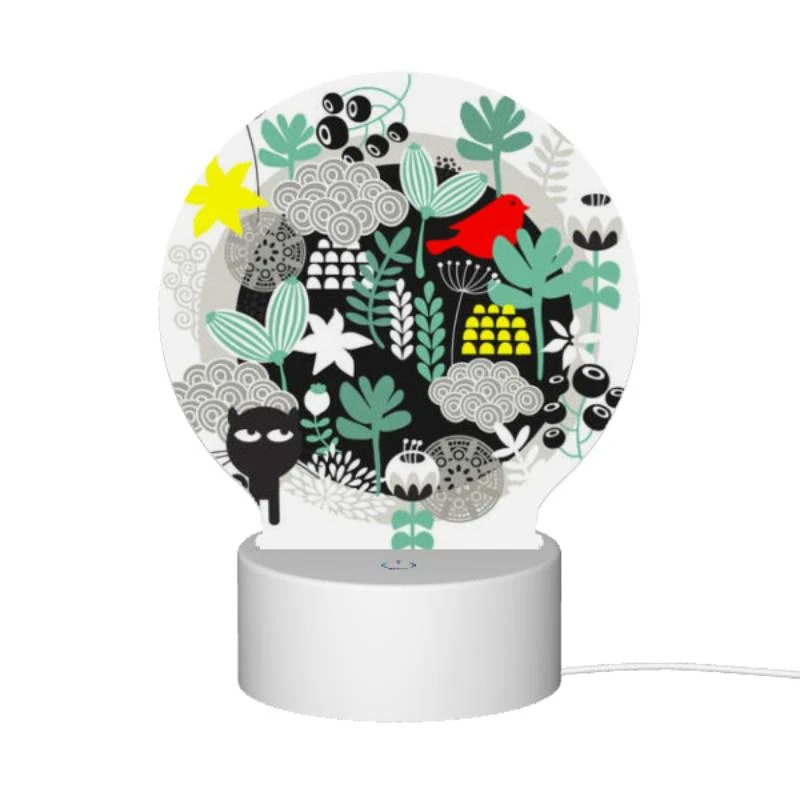Round Acrylic Night Light, A black and white drawing of a cat and a bird in a forest. Round Acrylic Night Light, A Black And White Drawing Of A Cat And A Bird In A Forest. -Nuas Diy Shop a1dfe734ed17337bfd0805d6b5267d270bc74786