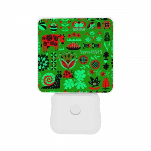 Night Light Set Of 2, A Green And Red Patterned Fabric With Various Plants And Animals On It. -Nuas Diy Shop a22bb2f271909e532b4952662dec5c5546825cd3