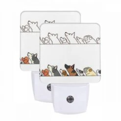 Night Light Set Of 2, A Line Of Dogs And A Cat Are Shown In A Cartoon Drawing.