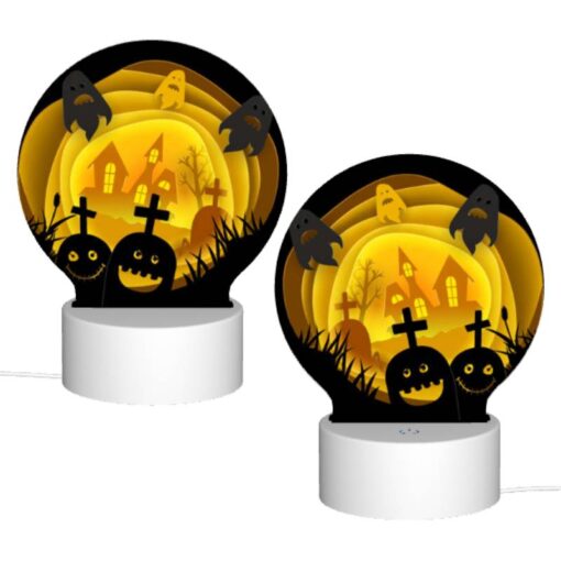Round Acrylic Night Light, A Cartoon Of A House With A Ghost And A Pumpkin. -Nuas Diy Shop a54419226a5c8f7eccb19f7c68ab8382aef51027