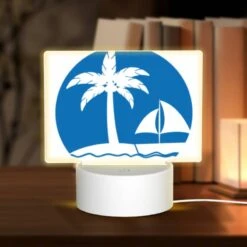 Rectangular Acrylic Night Light, A Blue Circle With A Sailboat And Two Palm Trees.
