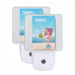 Night Light Set Of 2, A Cartoon Woman Is Holding A Coconut And A Straw.