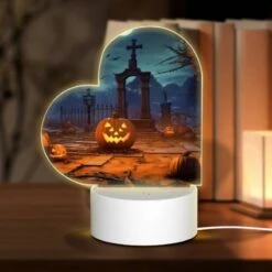 Love Acrylic Night Light, A Cemetery Scene With A Cross And A Moon In The Background.