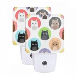 Night Light Set Of 2, A Collection Of Cat Images In Various Colors.