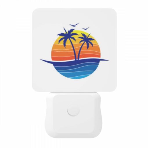 Night Light, A Blue And Orange Logo Of A Beach With Palm Trees. -Nuas Diy Shop aa12cb06b64df21251a1fbcda0b52b8949e0b23c