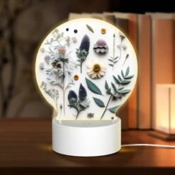 Round Acrylic Night Light, A Collection Of Different Flowers And Plants.