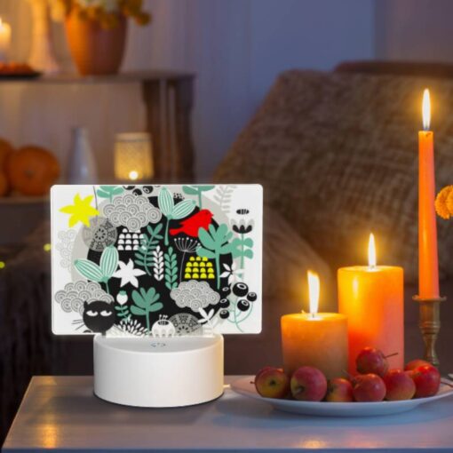 Rectangular Acrylic Night Light, A Black And White Drawing Of A Cat And A Bird In A Forest. -Nuas Diy Shop ac2dbe8c1851752f094b35795fa26816743137e7