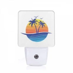 Night Light, A Blue And Orange Logo Of A Beach With Palm Trees.
