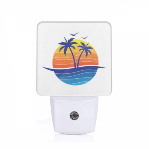 Night Light, A Blue And Orange Logo Of A Beach With Palm Trees. -Nuas Diy Shop b0b72ab52aeffe0f14c2831c4652b27db81a4053