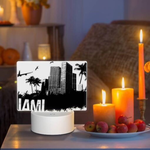 Rectangular Acrylic Night Light, A Black And White Photo Of A City With The Word "Miami" Written In The Foreground. -Nuas Diy Shop b0f1930063537629f08007df42f937f790765bf1