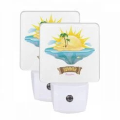 Night Light Set Of 2, A Sunny Beach With A Palm Tree And A Yellow Sun.