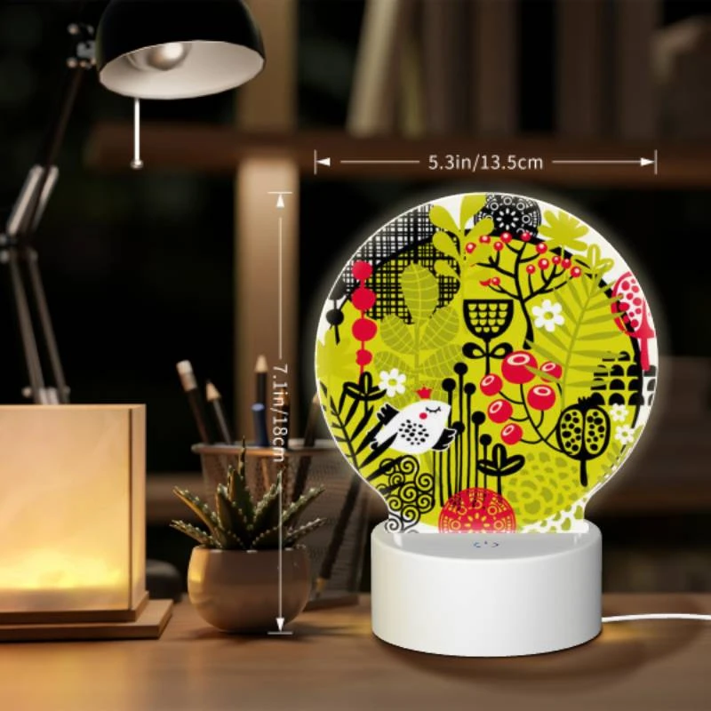 Round Acrylic Night Light, A colorful illustration of a bird surrounded by plants. Round Acrylic Night Light, A Colorful Illustration Of A Bird Surrounded By Plants. -Nuas Diy Shop b236c75e767178603a9f22ab88dedda8c095fc00