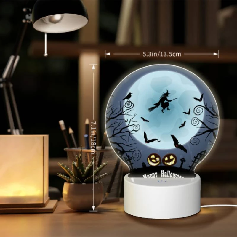 Round Acrylic Night Light, A witch flies over a moonlit night with a full moon and bats flying around. Round Acrylic Night Light, A Witch Flies Over A Moonlit Night With A Full Moon And Bats Flying Around. -Nuas Diy Shop b2995c7d44b8398d4c42c20a19569e68cba62560