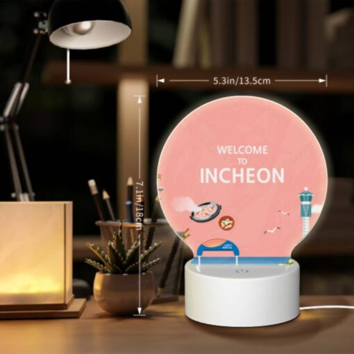 Round Acrylic Night Light, A Colorful Cartoon Of A Beach With A Ferris Wheel And A Sign That Says "Welcome To Incheon." -Nuas Diy Shop b56553ca290c791b0b8f2a30ad0e6b88bce09453