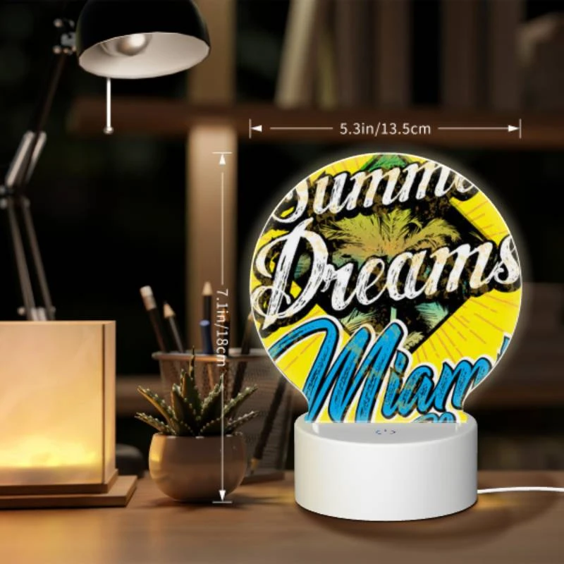 Round Acrylic Night Light, A yellow and blue sign that says "Summer Dreams Miami Beach". Round Acrylic Night Light, A Yellow And Blue Sign That Says "Summer Dreams Miami Beach". -Nuas Diy Shop b594244d7111f3ddf94126611bd2d118ed408fa0