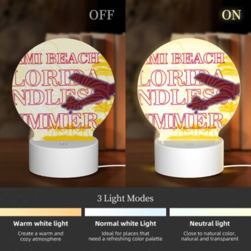 Round Acrylic Night Light, A Plane Is Flying Over A Beach With The Words "Miami Beach Florida" Written On It. -Nuas Diy Shop b79c131578da006bc83ef9feeb49d838904219f2