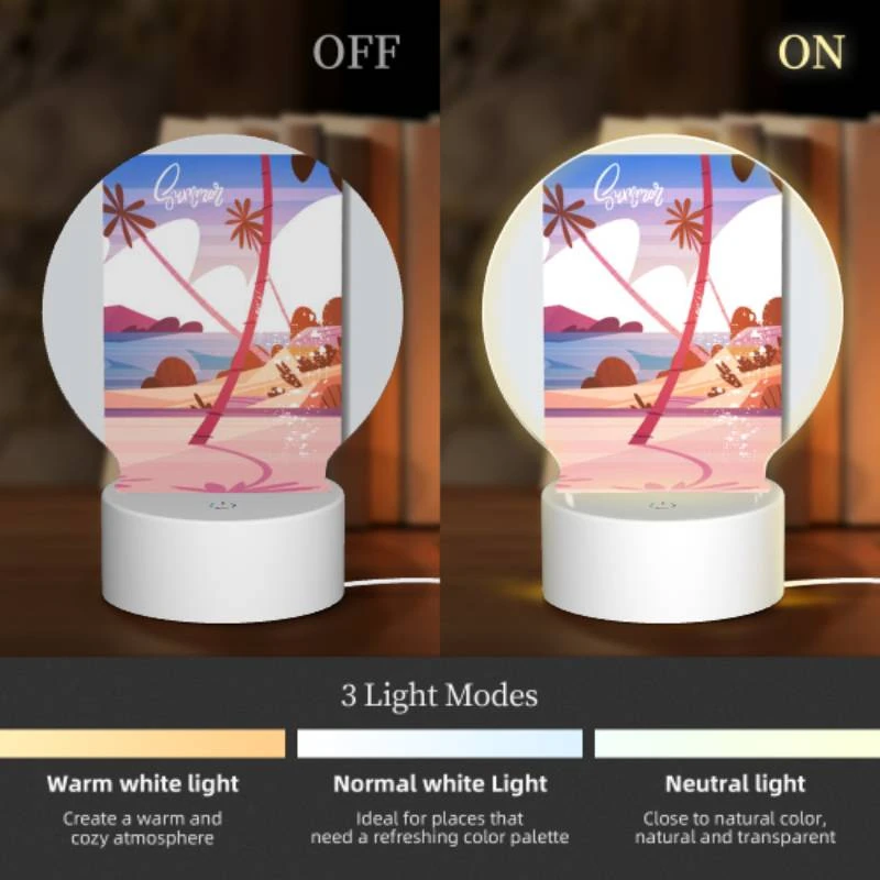 Round Acrylic Night Light, A colorful beach scene with a palm tree and a beach umbrella. Round Acrylic Night Light, A Colorful Beach Scene With A Palm Tree And A Beach Umbrella. -Nuas Diy Shop ba69dee62f5fbcd8c3987a2a22f1f527a8034924