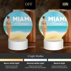 Round Acrylic Night Light, A Woman In A Bikini Stands On A Beach In Front Of A Sign That Reads "Miami Florida." -Nuas Diy Shop baf69c8475da24acf557c7adb988d56a69cd211a
