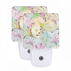 Night Light Set Of 2, A Colorful Floral Pattern With A Variety Of Colors And Shapes.