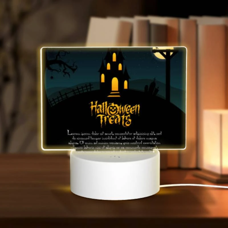 Rectangular Acrylic Night Light, A Halloween treat sign with a spooky house and a bat on top. Rectangular Acrylic Night Light, A Halloween Treat Sign With A Spooky House And A Bat On Top. -Nuas Diy Shop bed49ac77d2211546cacae5a193b9f8b3e5d2146