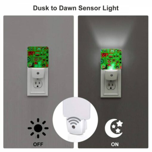 Night Light Set Of 2, A Green And Red Patterned Fabric With Various Plants And Animals On It. -Nuas Diy Shop c456ea5298b1af80649f0cdeef47d86195717034