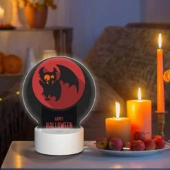 Round Acrylic Night Light, A Red And Black Bat With A Pumpkin On Its Head. -Nuas Diy Shop c4a6eea5a914e09a633fb047c20cfe13dad3d32b