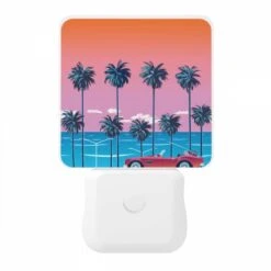 Night Light, A Red Sports Car Is Parked In Front Of A Row Of Palm Trees. -Nuas Diy Shop c50c4acddcee500522ec80542a366318ca12621b