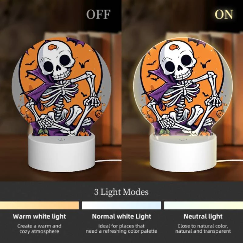 Round Acrylic Night Light, A skeleton is sitting on a pumpkin patch with a bat in the background. Round Acrylic Night Light, A Skeleton Is Sitting On A Pumpkin Patch With A Bat In The Background. -Nuas Diy Shop c9090540767a972fd2ab596beb9da26d0cc40a84
