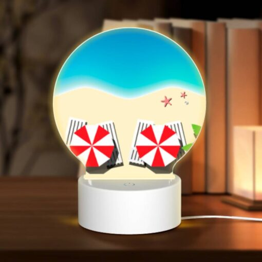 Round Acrylic Night Light, Two Red And White Striped Umbrellas On A Beach. -Nuas Diy Shop ca925418e87439c73ddfc28a4a1a66508db20d7e